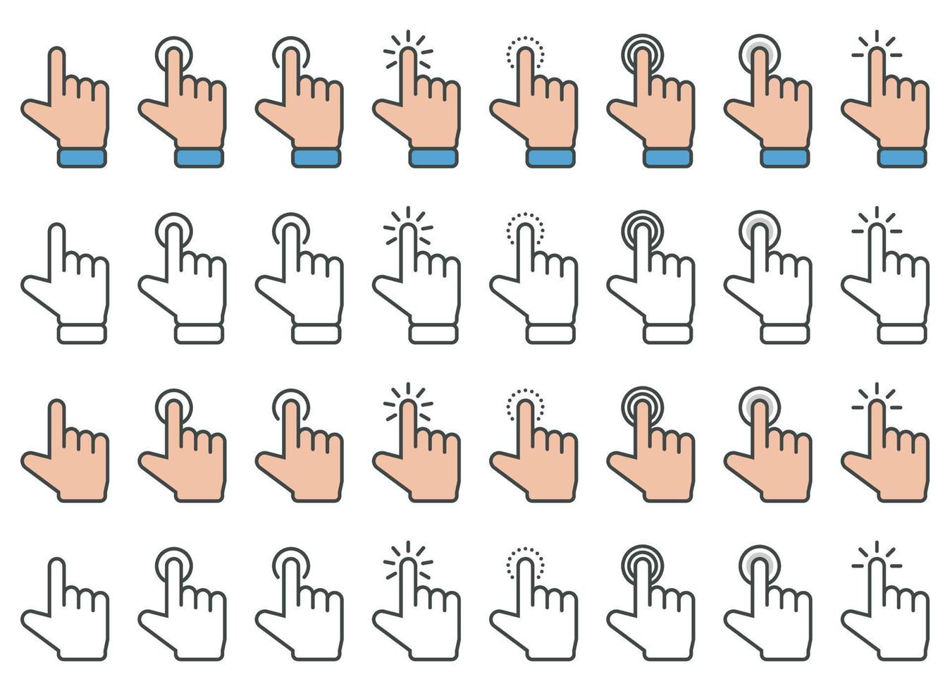 Hand cursor icon in different gestures. Finger mouse cursor. Clicking cursor vector illustration