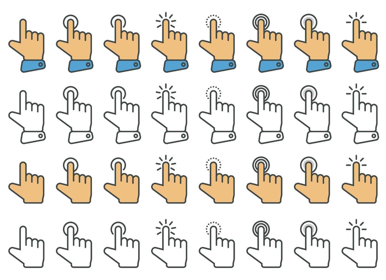 Hand cursor icon in different gestures. Finger mouse cursor. Clicking cursor vector illustration