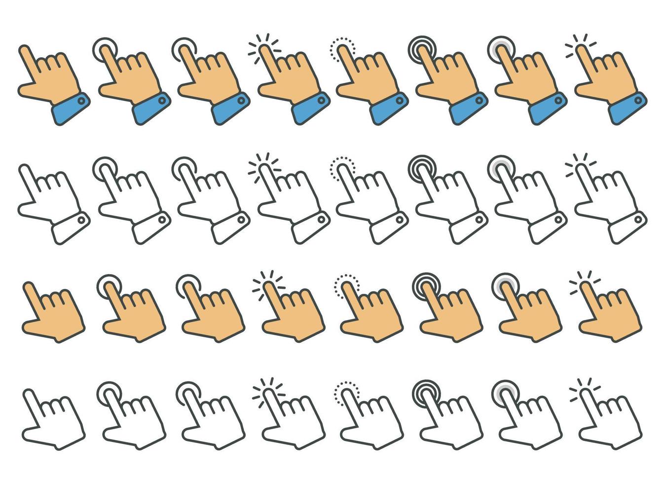Hand cursor icon in different gestures. Finger mouse cursor. Clicking cursor vector illustration