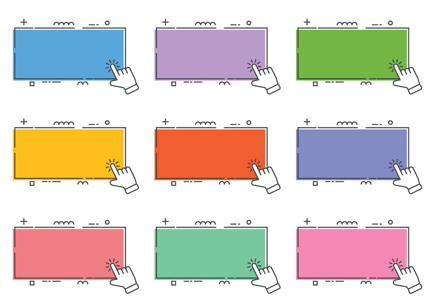 Hand cursor with click here banner vector set. Action button with mouse click