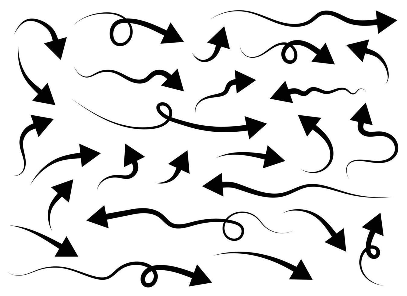 Hand drawn black curved arrow shape in doodle style. Arrow line set vector