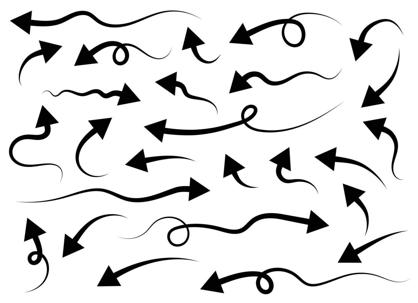 Hand drawn black curved arrow shape in doodle style. Arrow line set vector
