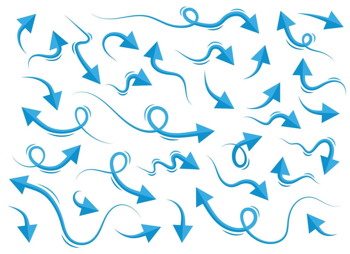 Hand drawn blue curved arrow shape in doodle style. Arrow line set vector