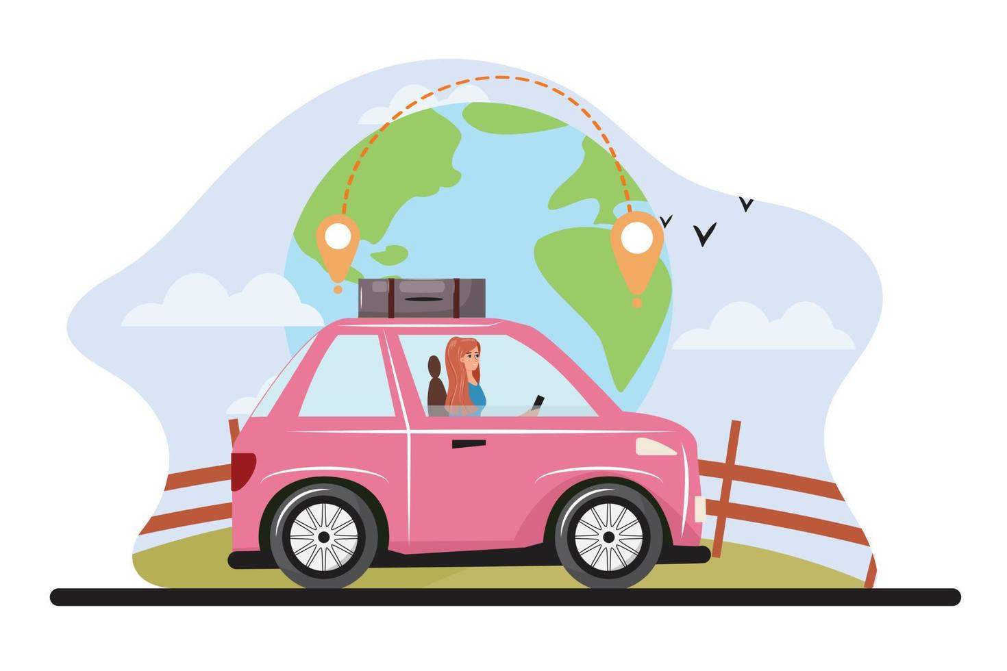 bonito mujer de viaje con un rosado coche. la carretera viaje ilustración con un mujer y coche. vector