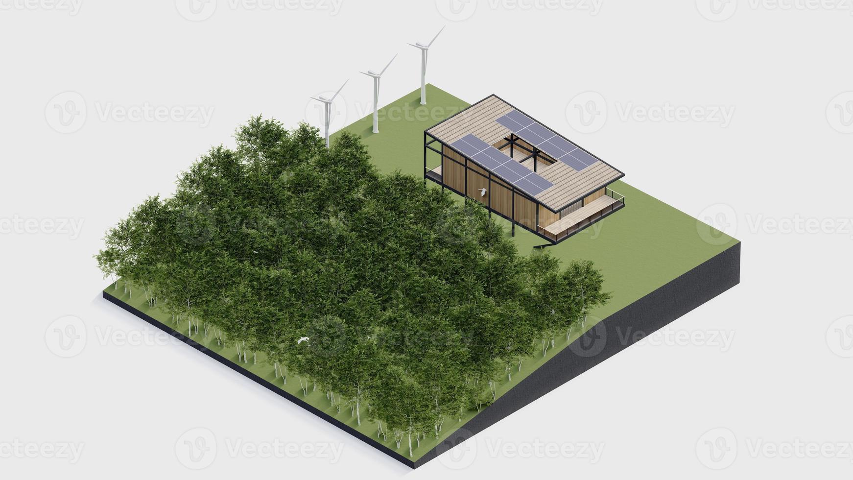 eco house isometric nature sustainable. green isometric home environment solar cell forest with windmill ecology , 3d render illustration. isometric architecture with tree, grass leaf, on isolated. photo