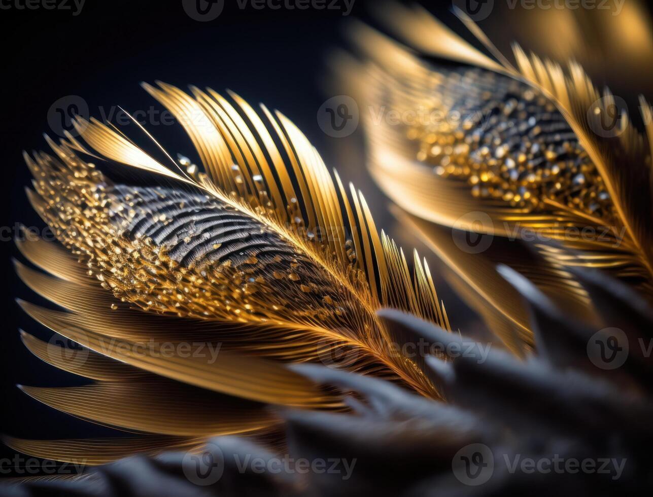 Flat lay bird feathers rose gold sequins and rhinestones black wood texture holographic high detail top view created with technology photo