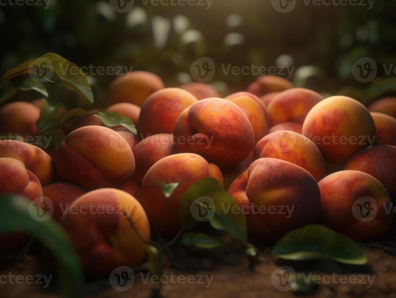 Beautiful organic background of freshly picked peaches created with technology photo