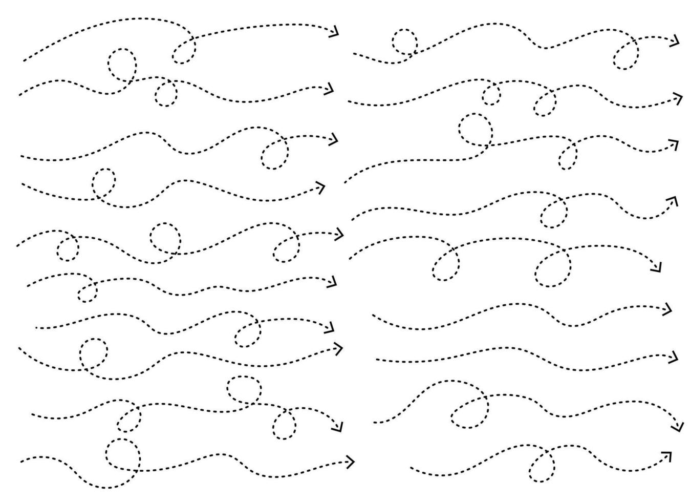 Hand drawn dotted arrow shape. Curved arrow line. Arrow icon collection. Vector illustration isolated on white background
