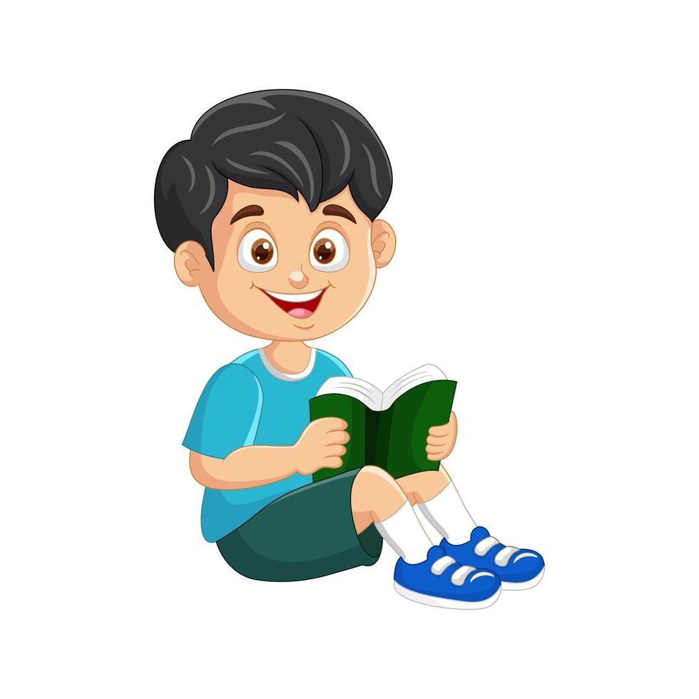 Vector happy little boy sitting and reading a book