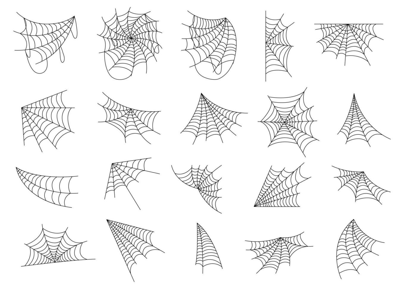 Hand drawn spider web icon set isolated on white. Black halloween cobweb vector illustration