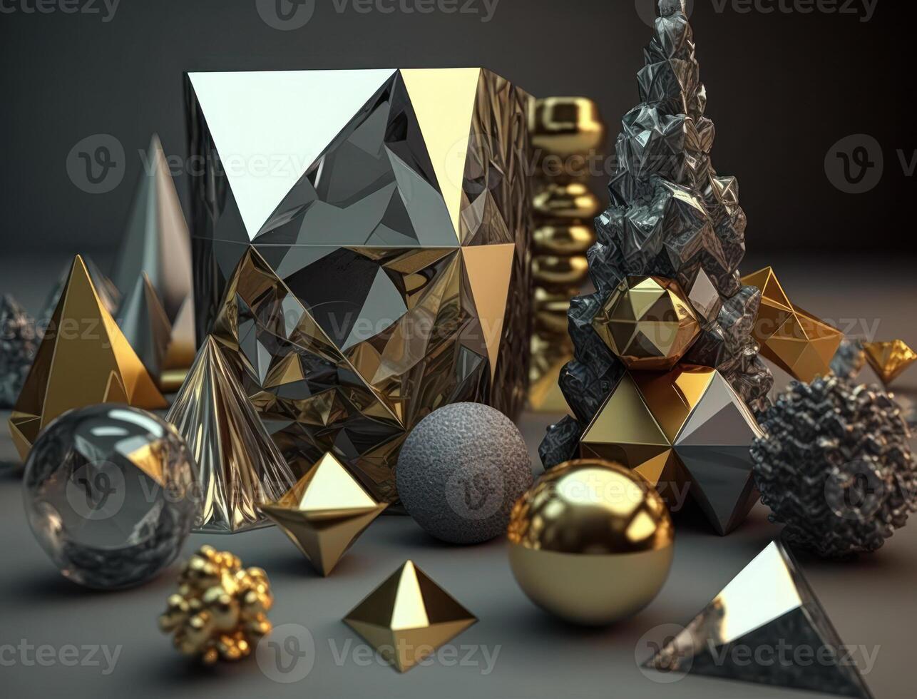 Abstract chaotic geometric background Glossy pyramids and spheres background created with technology photo
