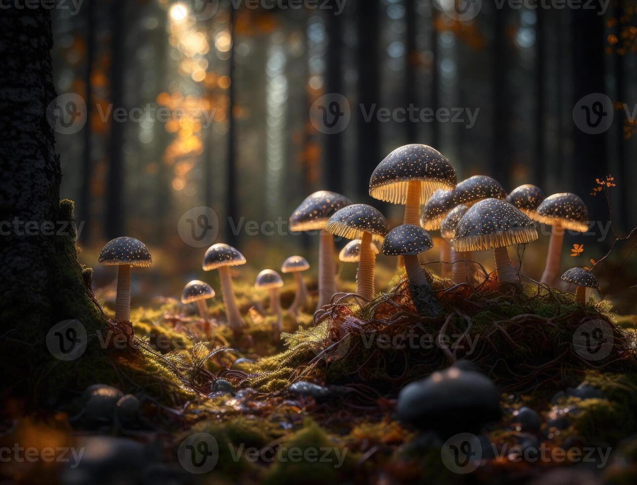 Fantasy mushroom landscape in the forest created with technology photo