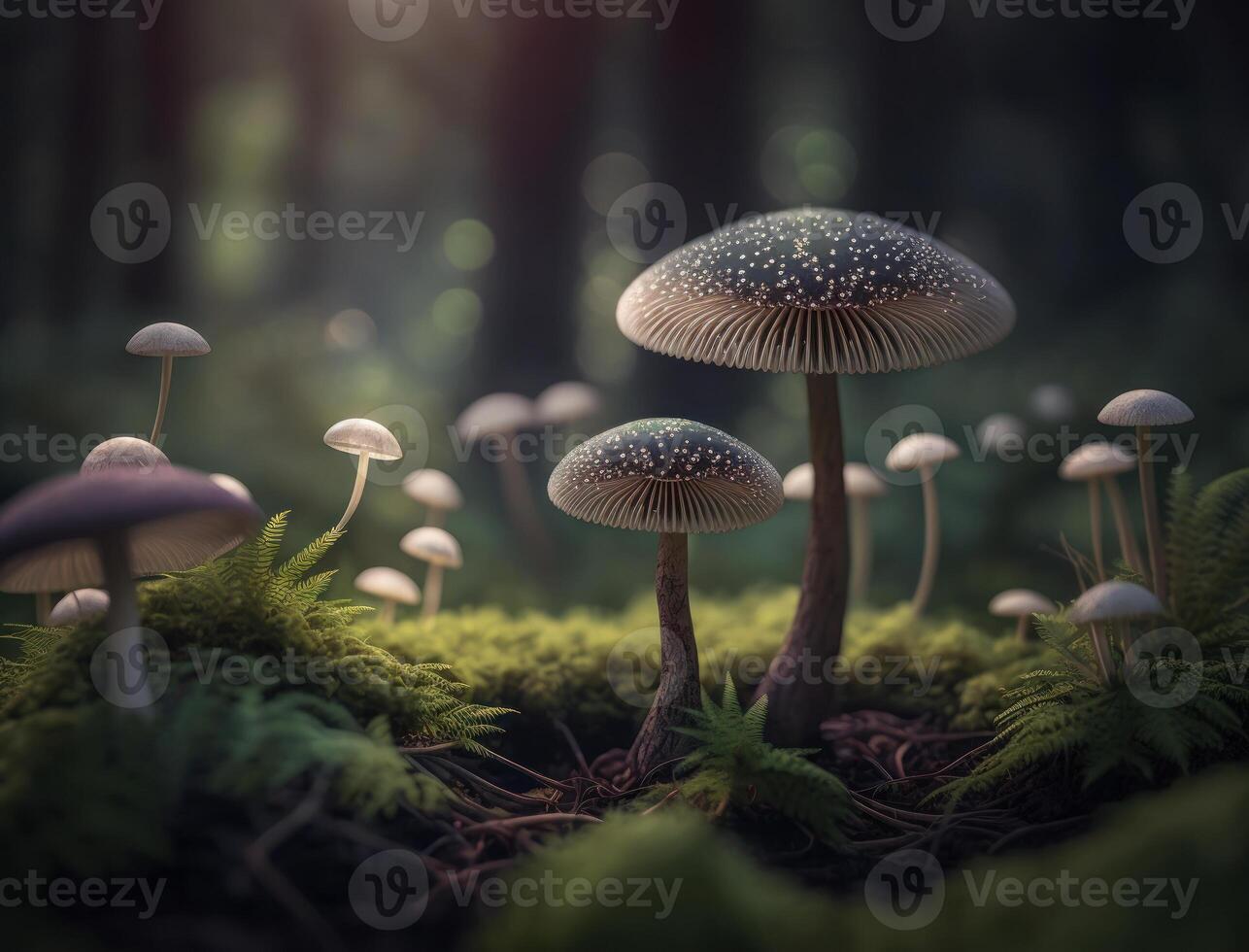 Fantasy mushroom landscape in the forest created with technology photo