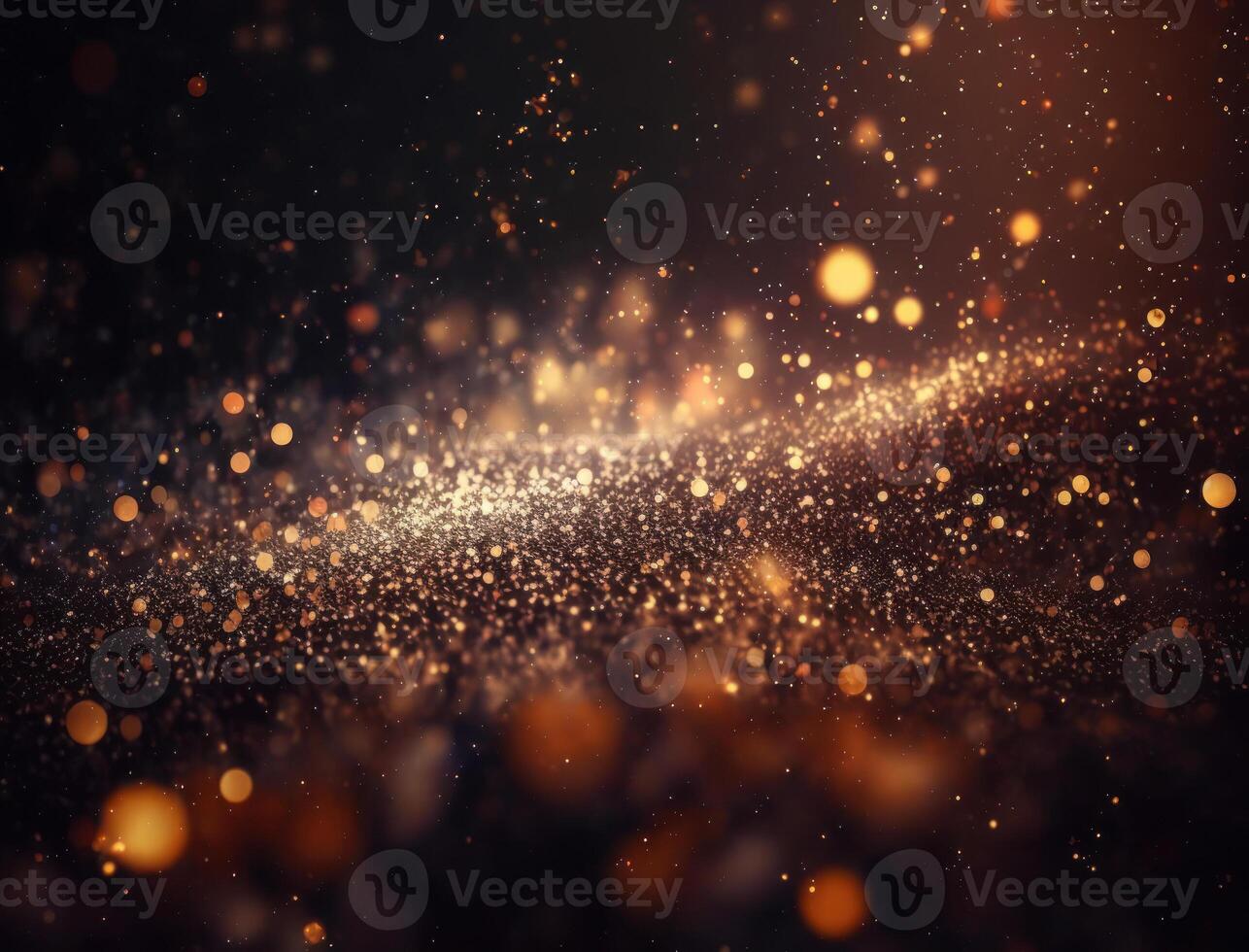 Dark blue and glow particle abstract background Blurry bokeh background with sparkles, particles and glitter created with technology photo