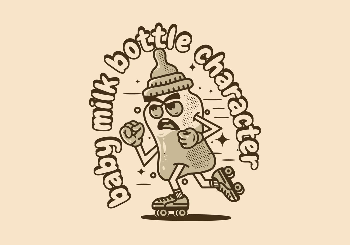 mascota personaje ilustración de bebé Leche botella jugando rodillo patines vector