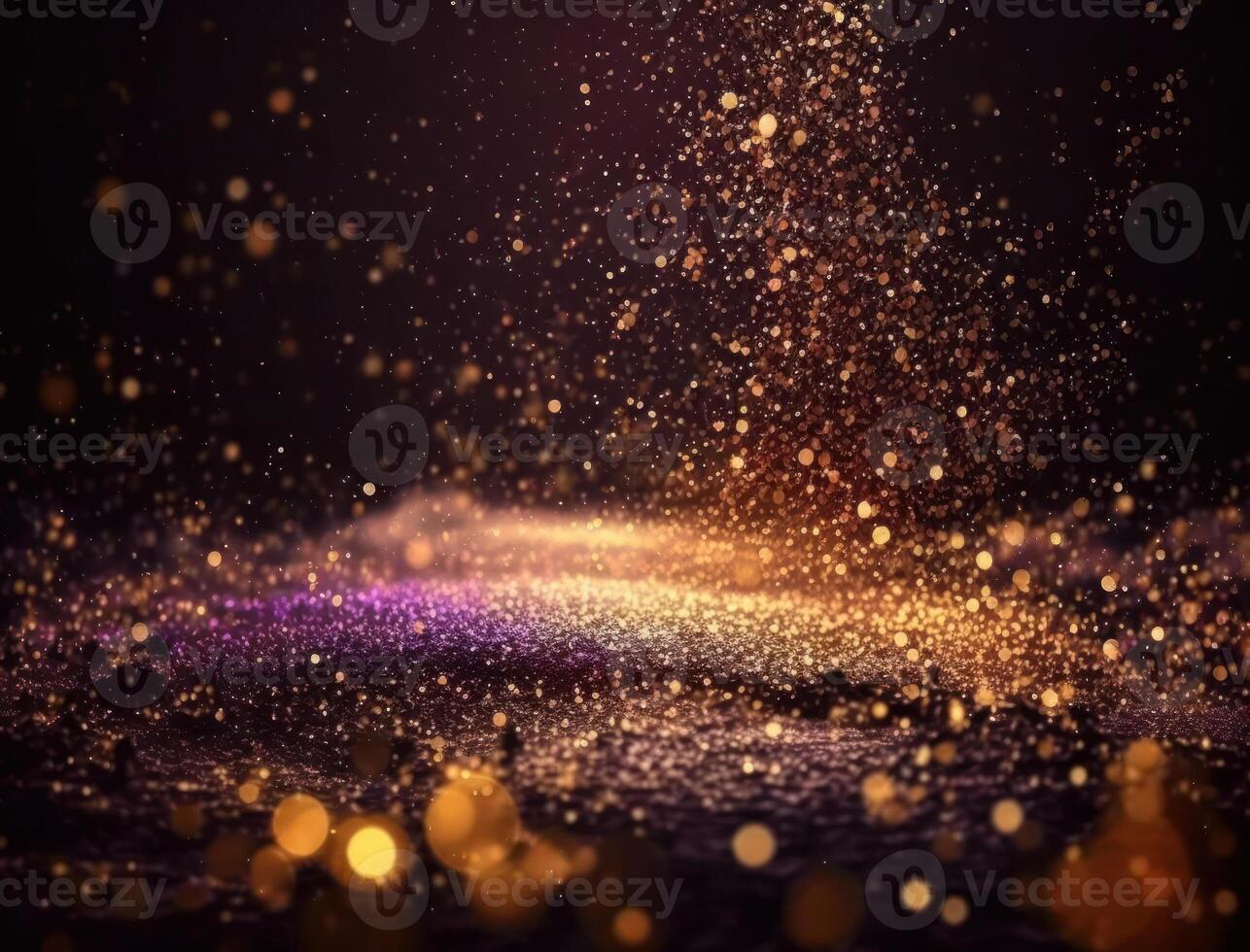 Dark blue and glow particle abstract background Blurry bokeh background with sparkles, particles and glitter created with technology photo