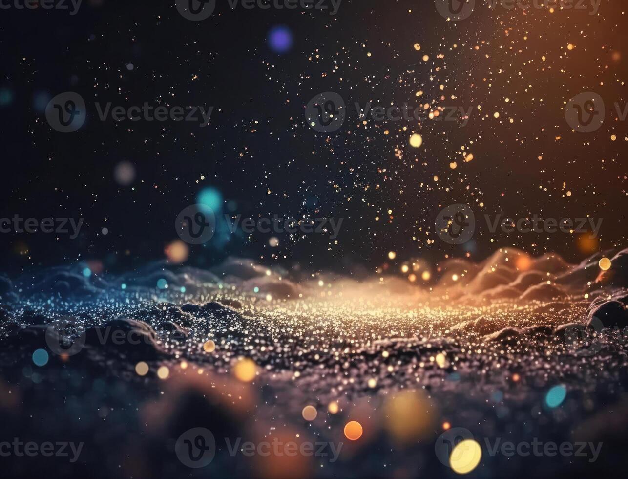 Dark blue and glow particle abstract background Blurry bokeh background with sparkles, particles and glitter created with technology photo