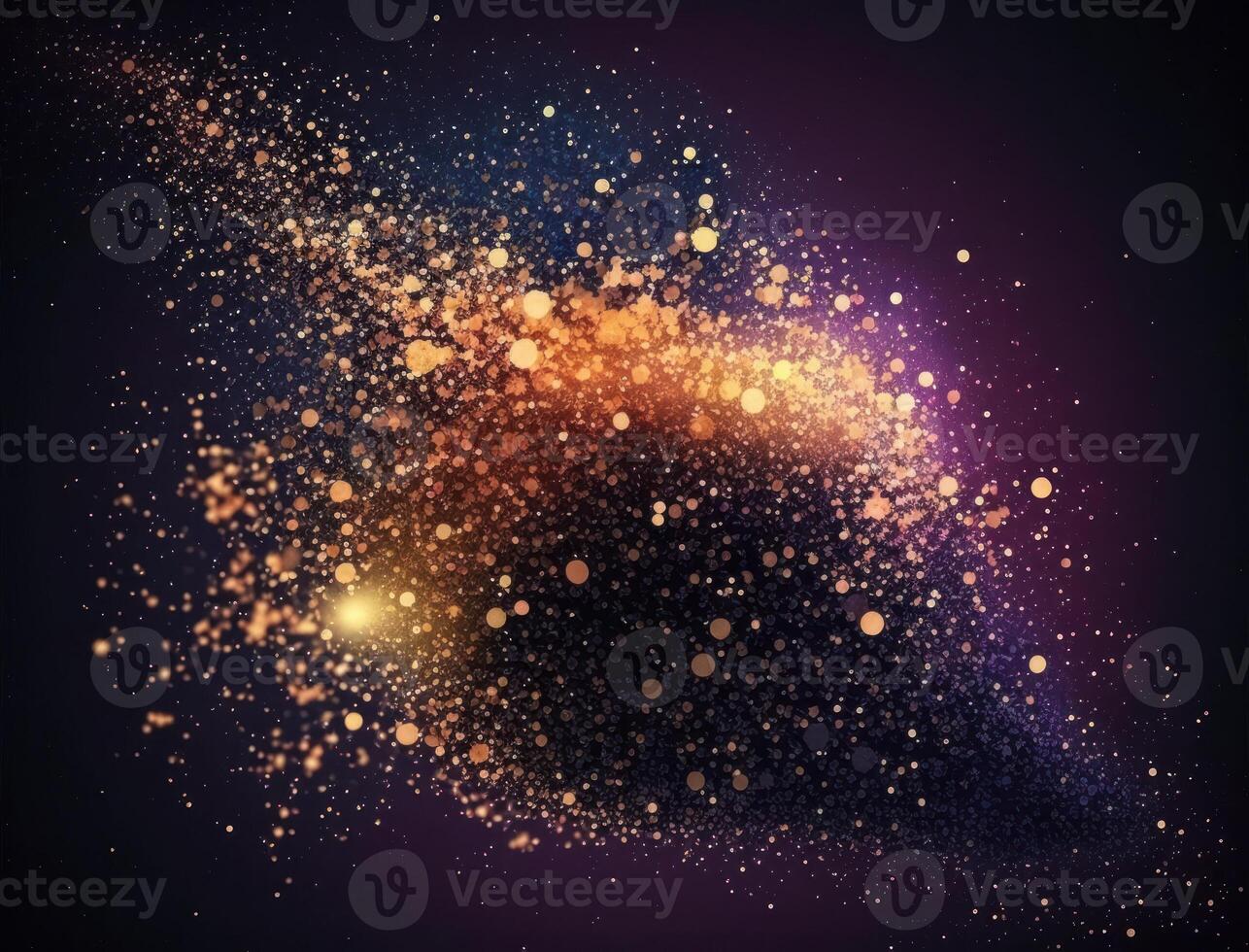 Dark blue and glow particle abstract background Blurry bokeh background with sparkles, particles and glitter created with technology photo