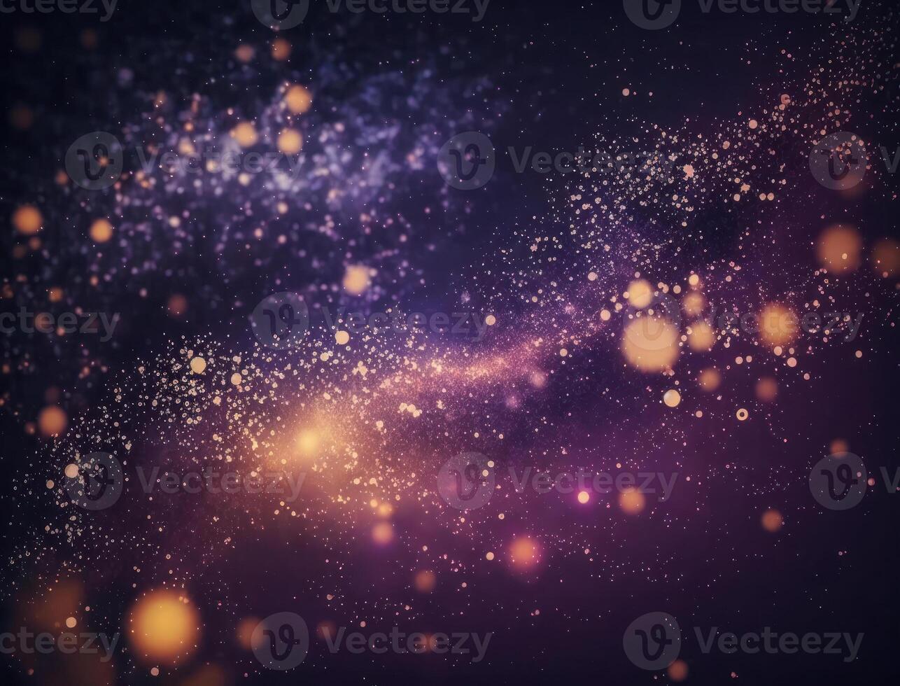 Dark blue and glow particle abstract background Blurry bokeh background with sparkles, particles and glitter created with technology photo