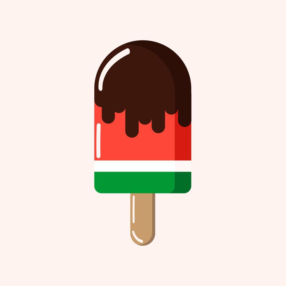 Green, red, white - multicolored ice cream in chocolate on pink background with highlights on a stick. Vector, object, EPS10. vector