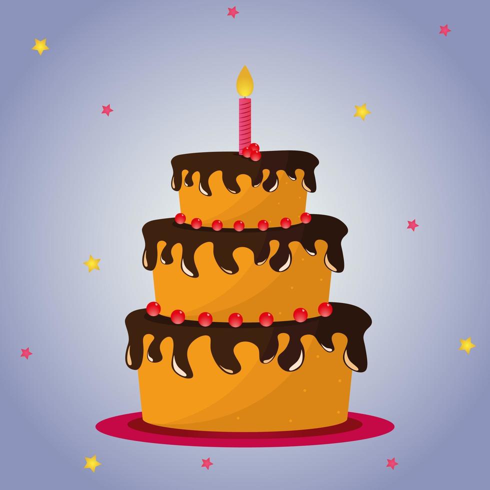 Cake with three tiers of chocolate and berries. On the top tier is a candle. Vector. EPS10 vector