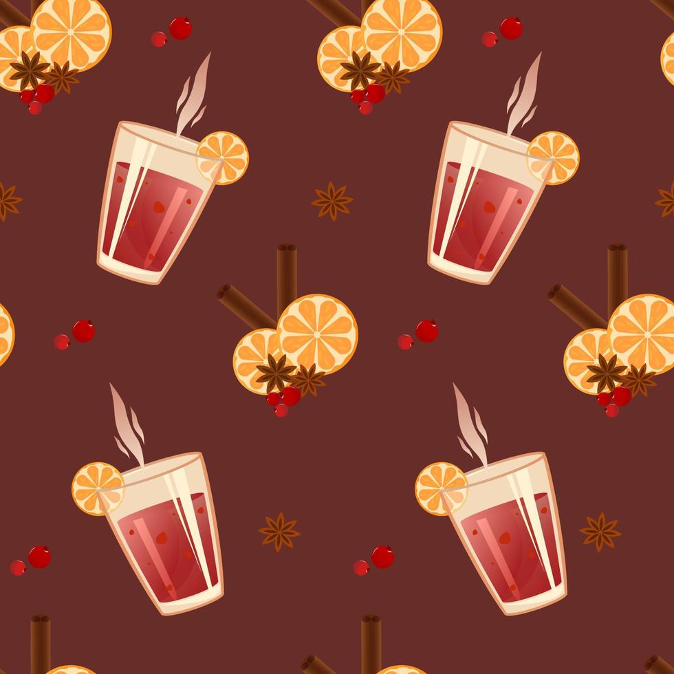 Pattern with hot wine and oranges, berries and cinnamon on a dark background. Vector. Seamless pattern. EPS10 vector