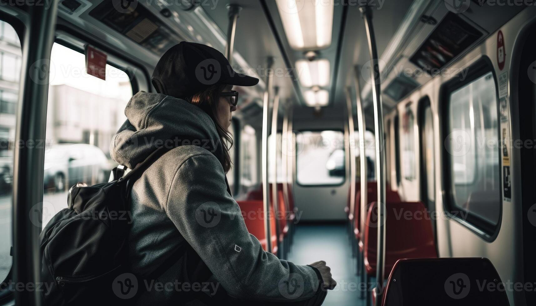 A person using public transportation to work, reducing their carbon footprint and promoting eco-friendly commuting. photo