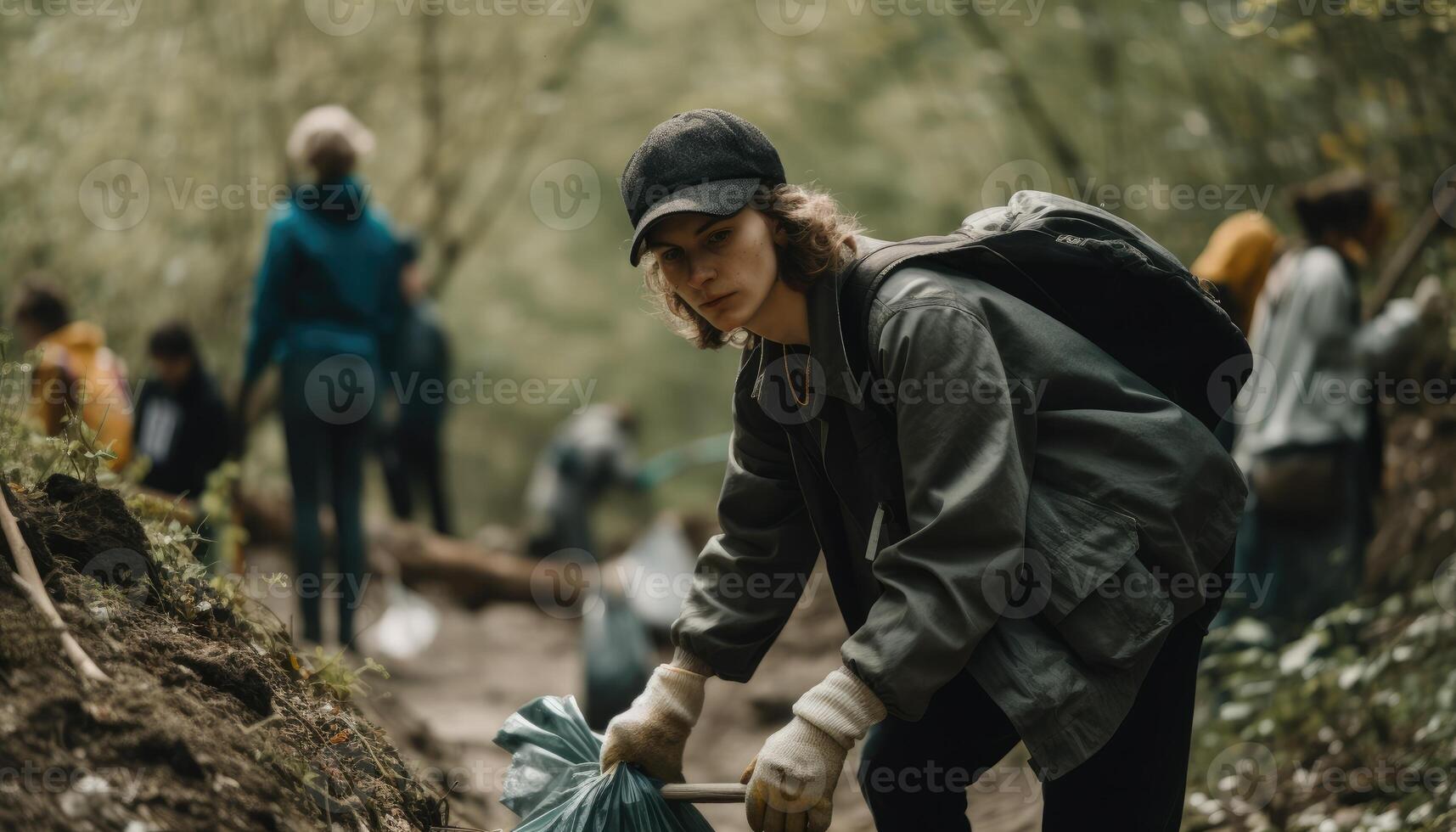 A person participating in a local community clean-up event, picking up litter and helping to keep the environment clean. photo