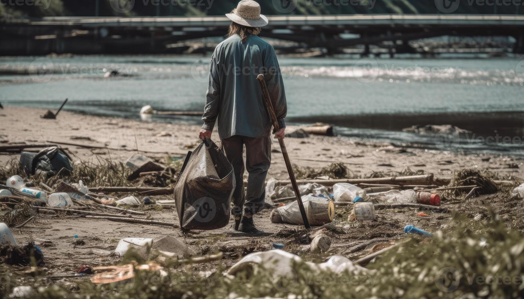 A person participating in a beach or river cleanup, with a focus on the amount of trash and the impact it has on the environment. photo