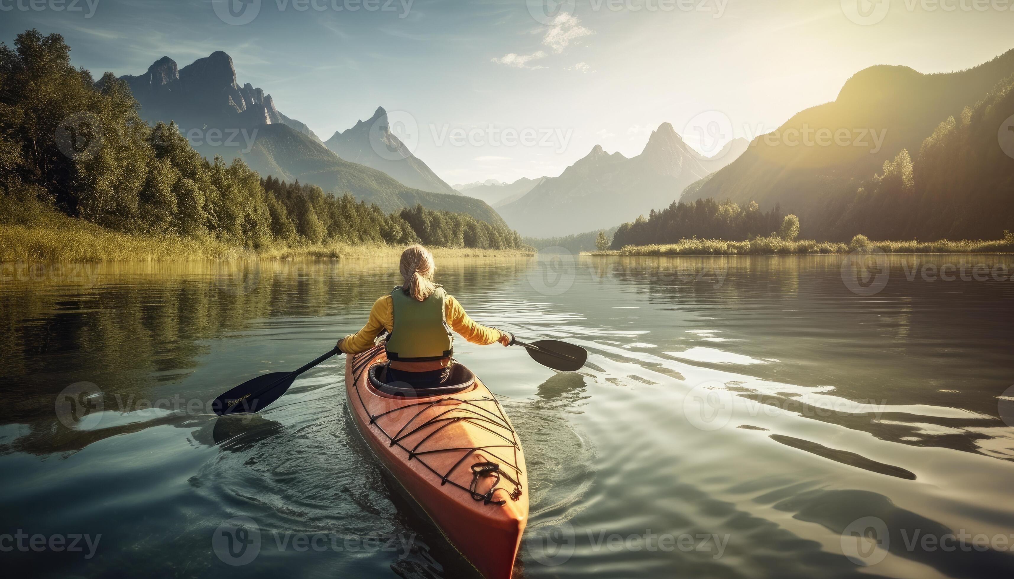 A person enjoying an ecofriendly activity, such as kayaking or hiking, with a focus on the