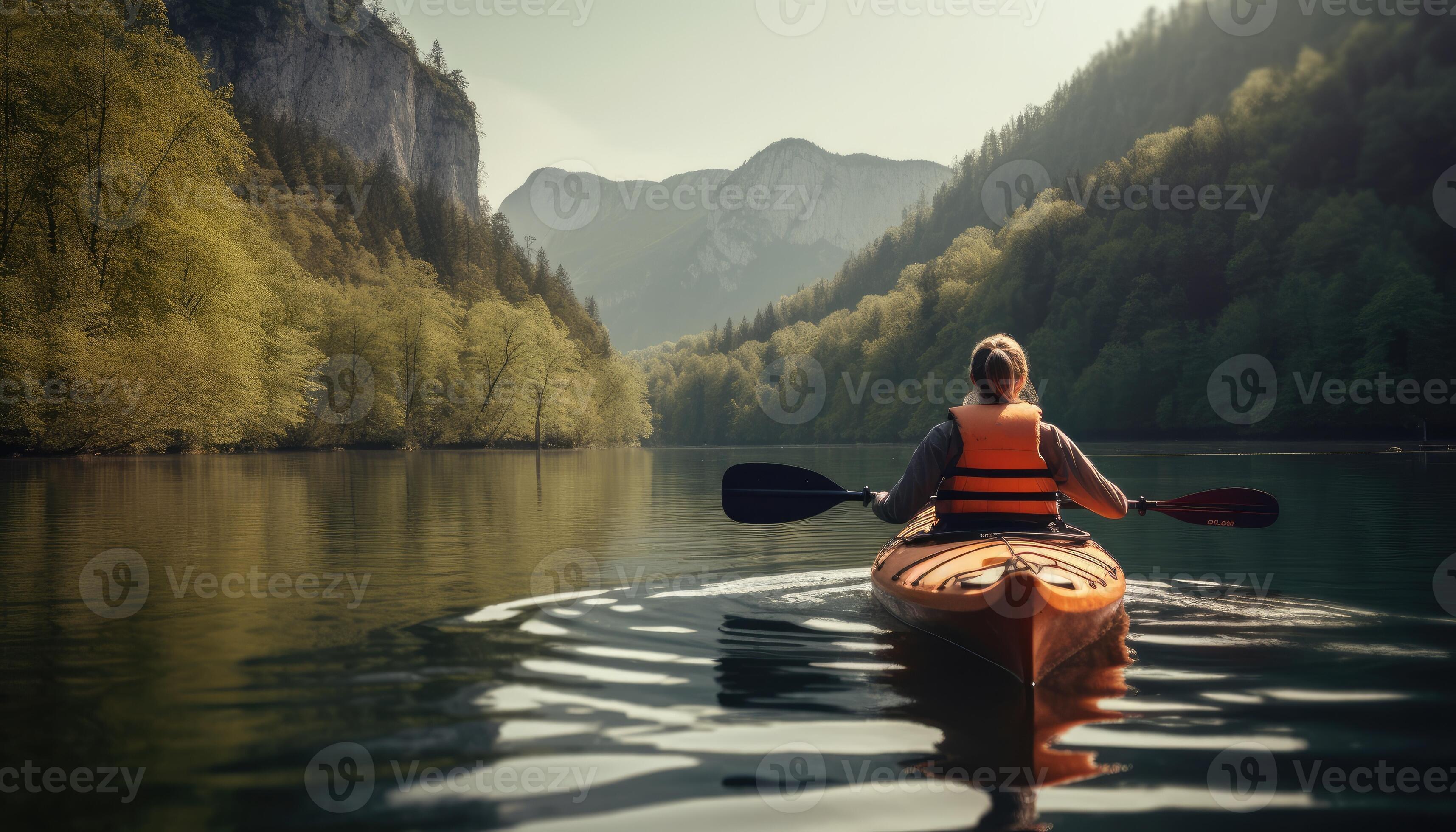 A person enjoying an ecofriendly activity, such as kayaking or hiking, with a focus on the
