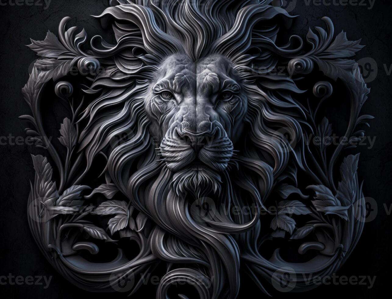 Close-up portrait of Lion in a wooden carved frame with plant elements background technology photo