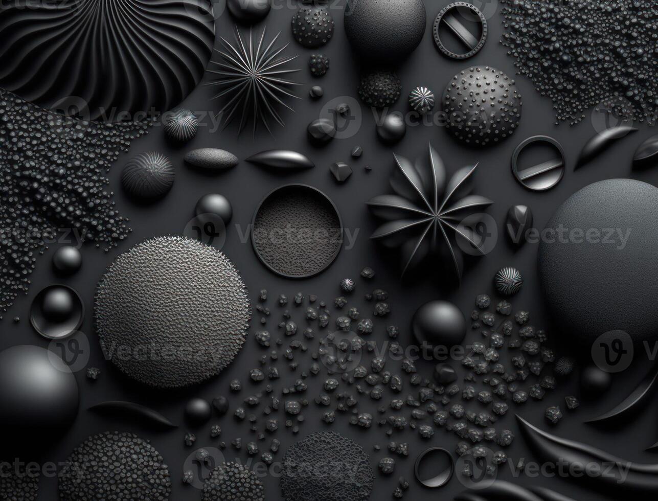 Abstract black geometric background Various sand seed shapes Flat lay created with technology photo