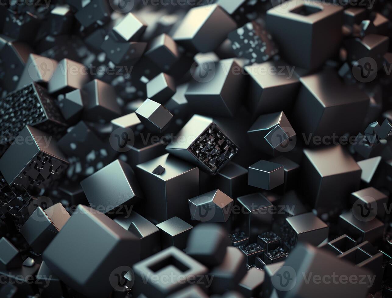 Futuristic cubes dark black background Abstract geometric mosaic grid Square tiles pattern technology photo