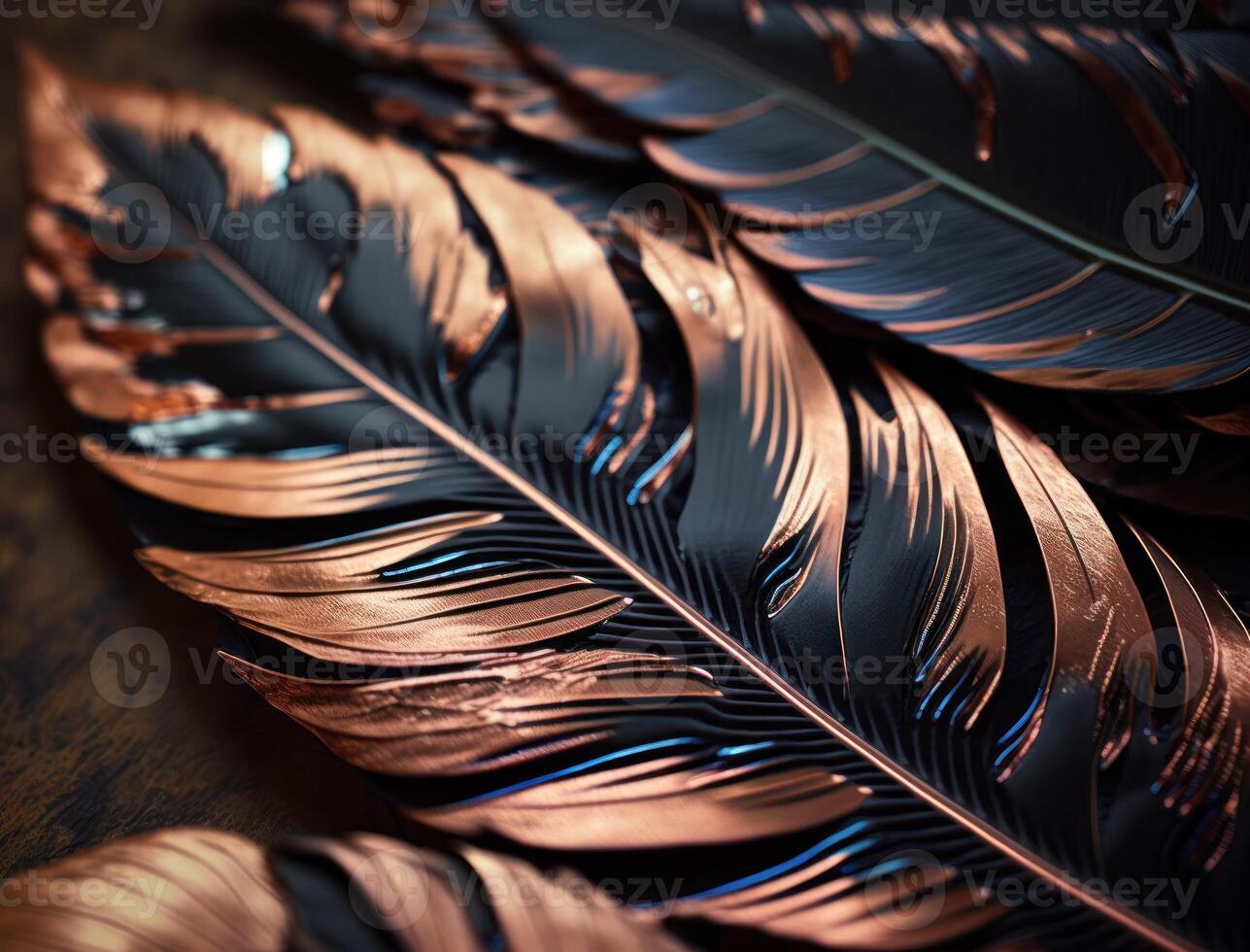 Flat lay bird feathers rose gold sequins and rhinestones black wood texture holographic high detail top view created with technology photo