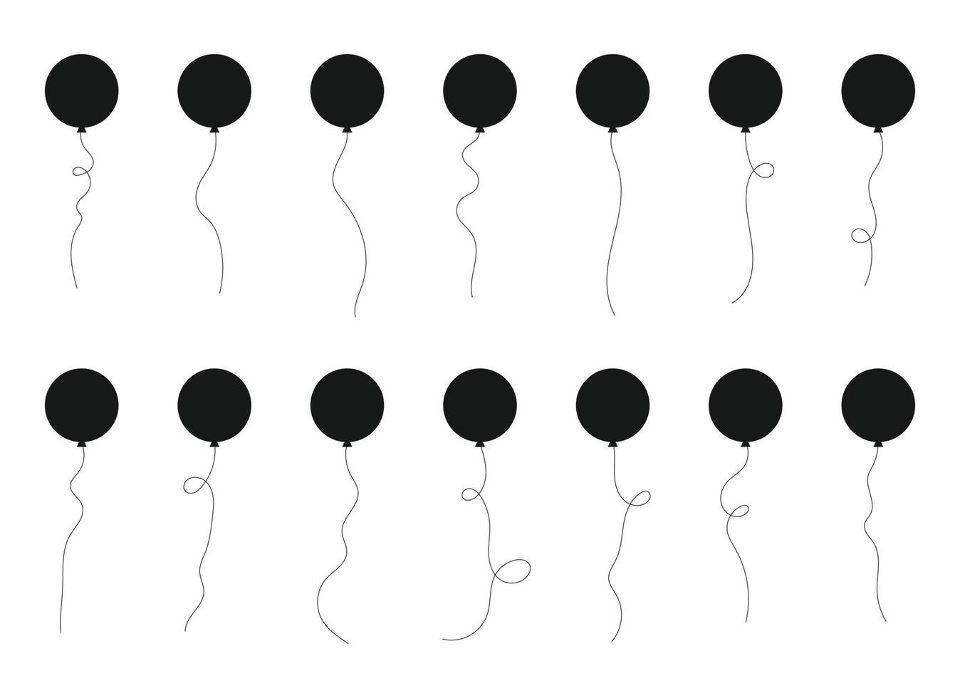 Set of black silhouette party balloons tied with strings. Vector illustration in cartoon style