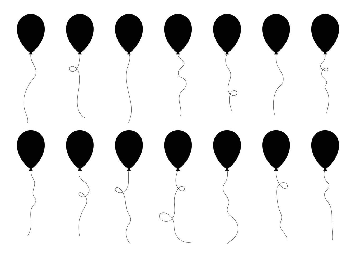 Set of black silhouette party balloons tied with strings. Vector illustration in cartoon style