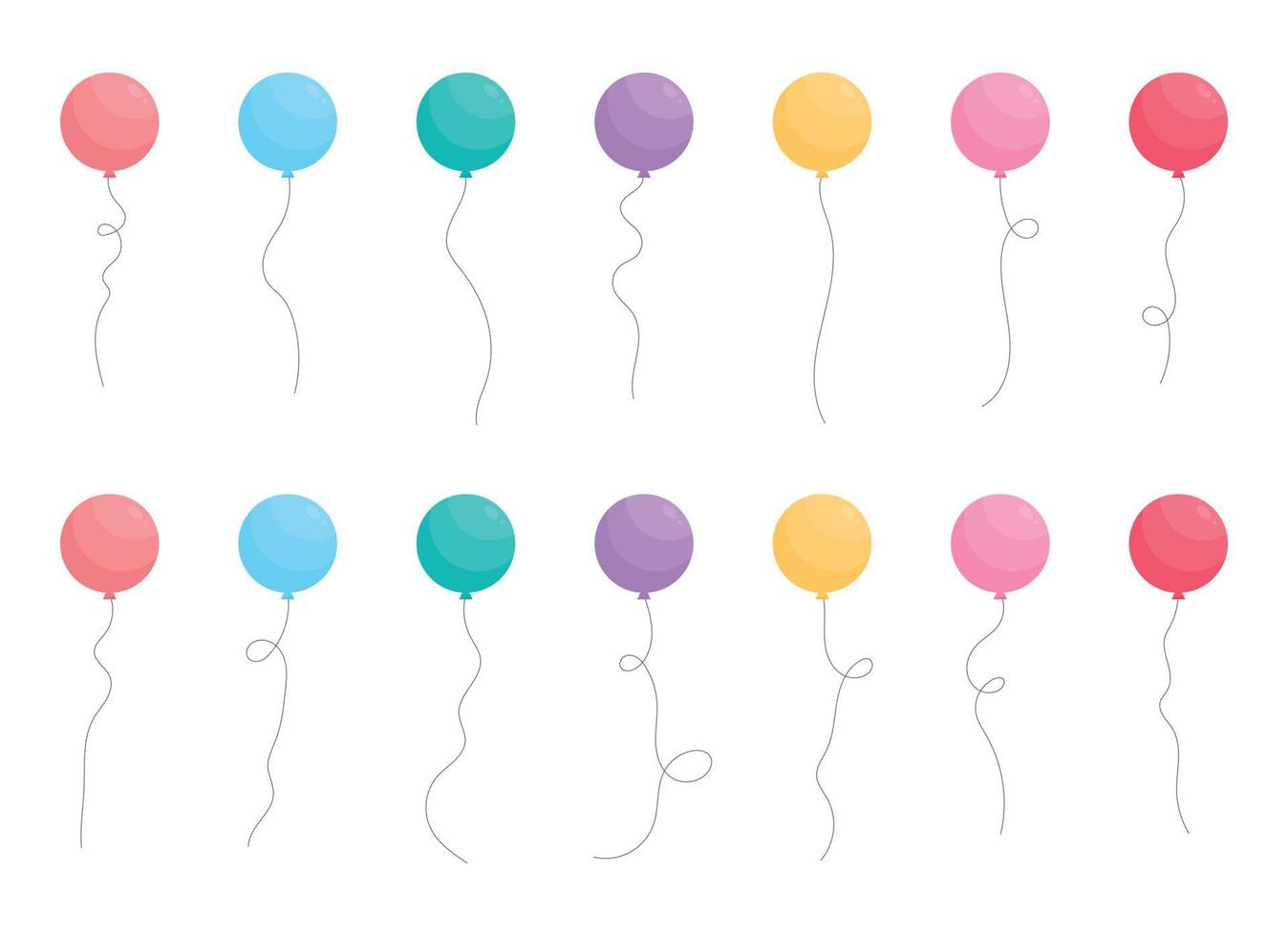 Set of colored party balloons tied with strings. Vector illustration in cartoon style