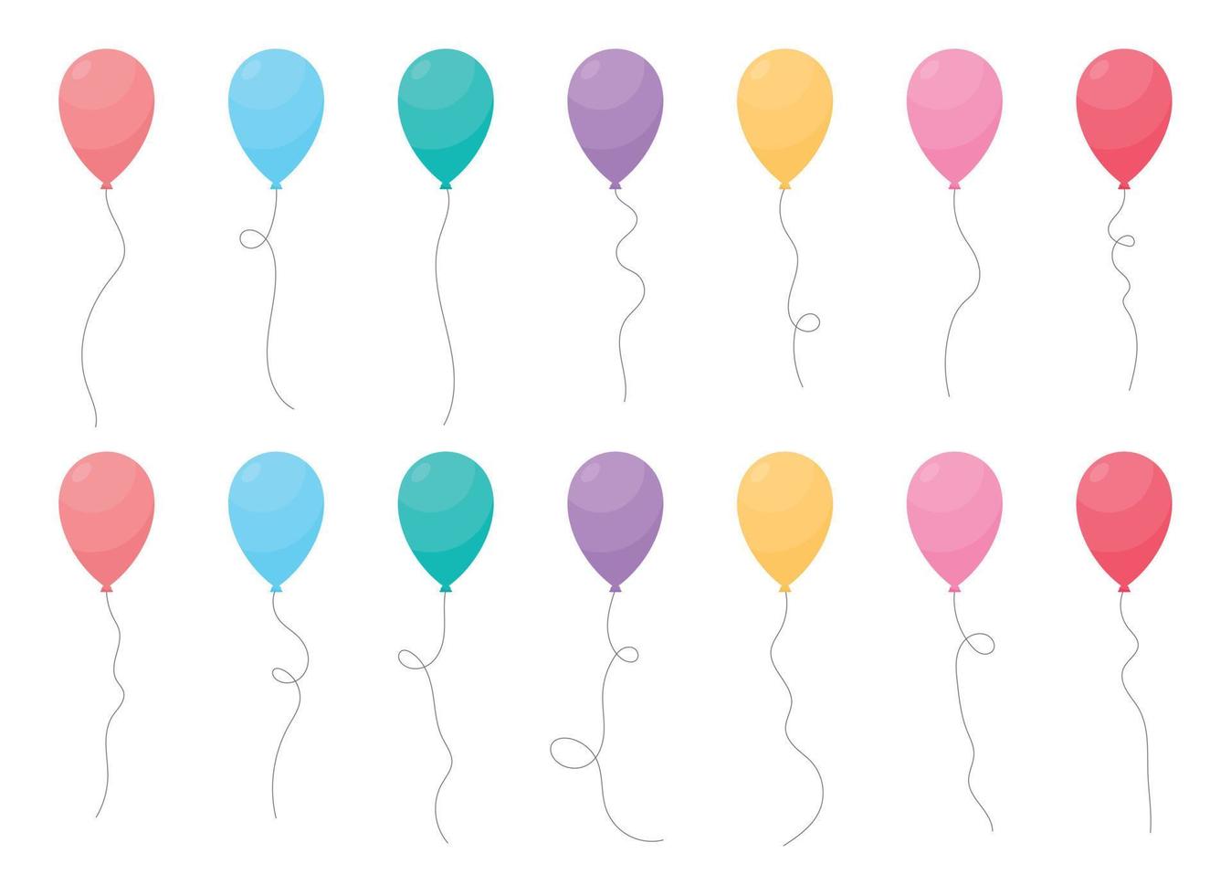 Set of colored party balloons tied with strings. Vector