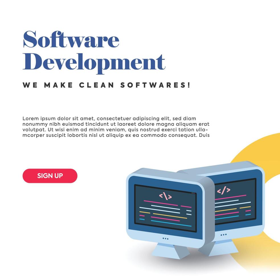 Software development. Software development services announcement post for social media marketing with monitors icon in 3D. Simple software house marketing post for social media. Development team. vector