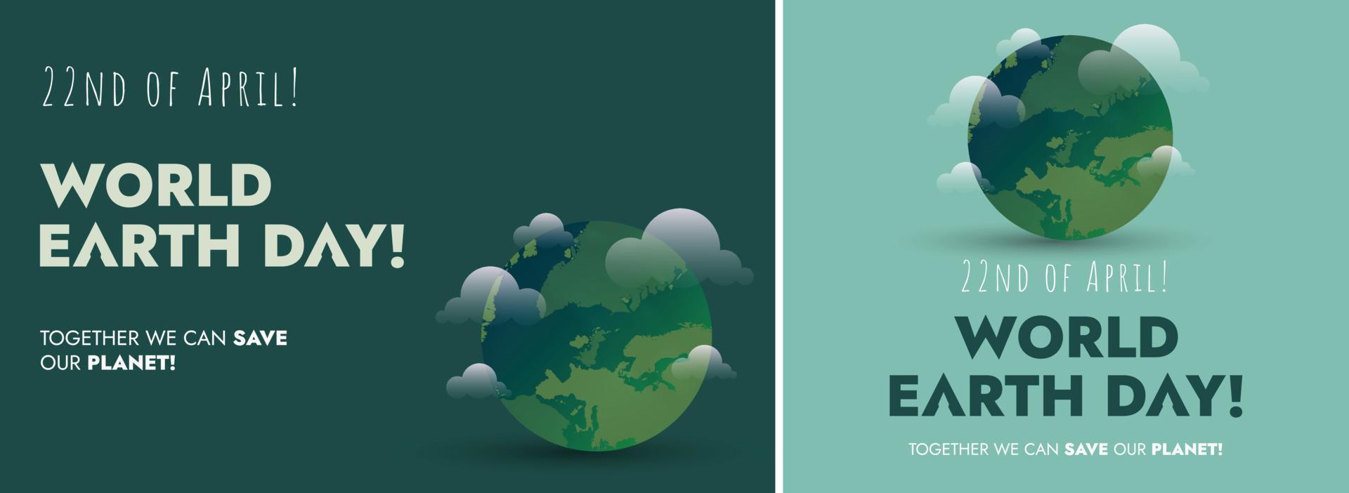 World Earth Day. Happy environment and earth day concept banner with globe and clouds. 22nd April celebration worldwide. Social banner post for earth day. Two posts vector