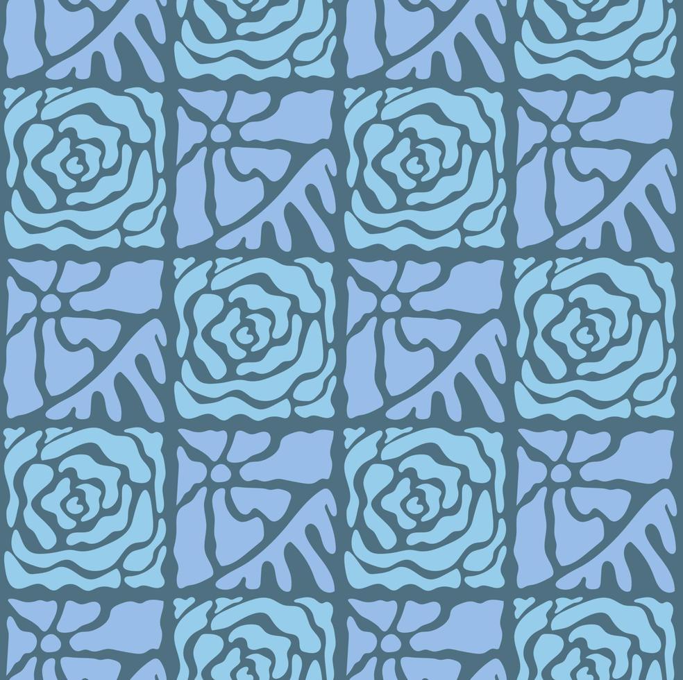 Groovy pattern with abstract blue rose flowers. Modern checkerboard seamless. vector