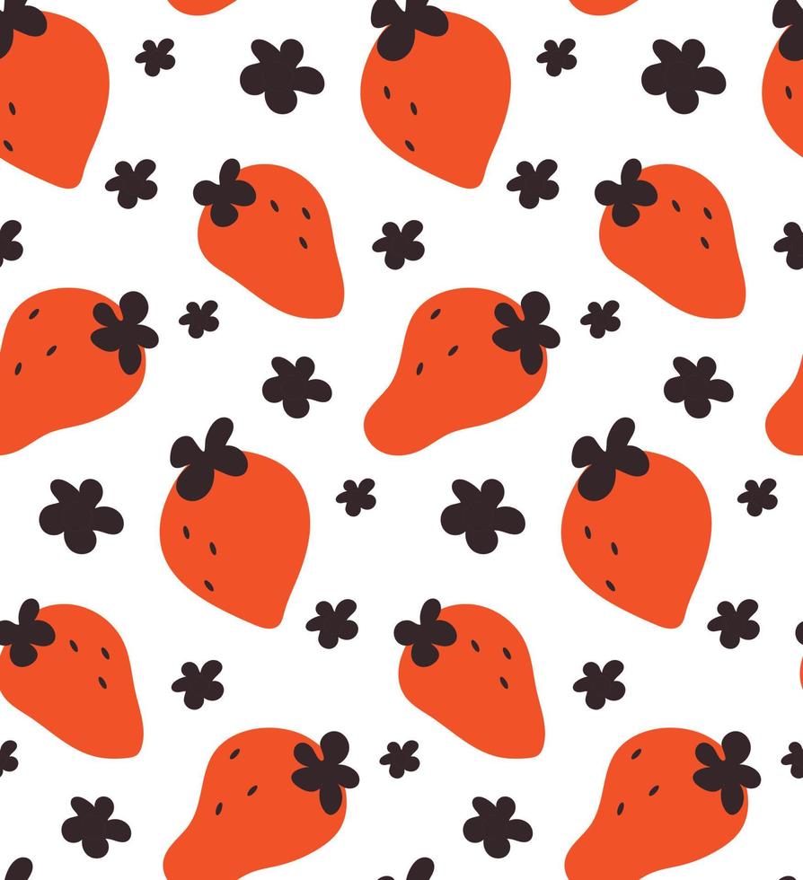 Abstract pattern strawberry with black flowers on white background. Flat berry vector