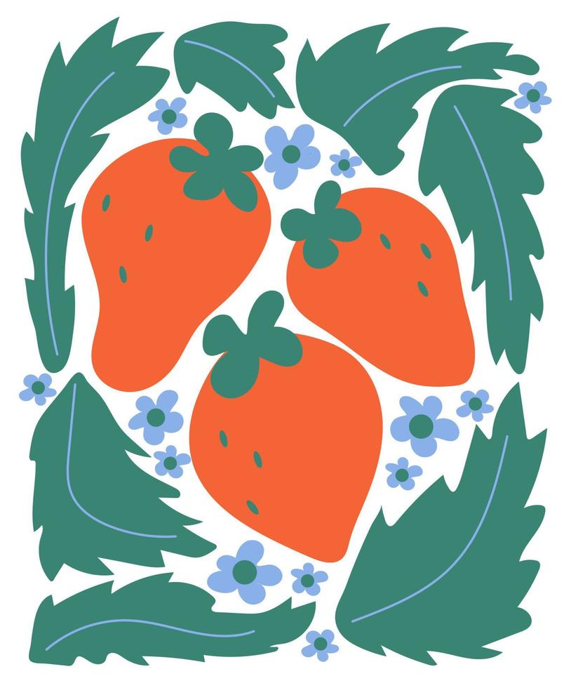 Absract poster with retro strawberry and flowers, leaf on isolated background. Modern trippy poster. vector