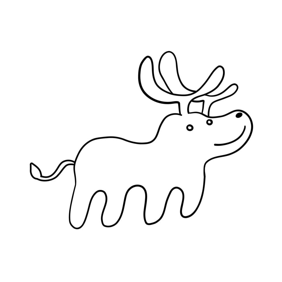 Cute Christmas Deer in outline doodle style. Vector illustration isolated on white background.