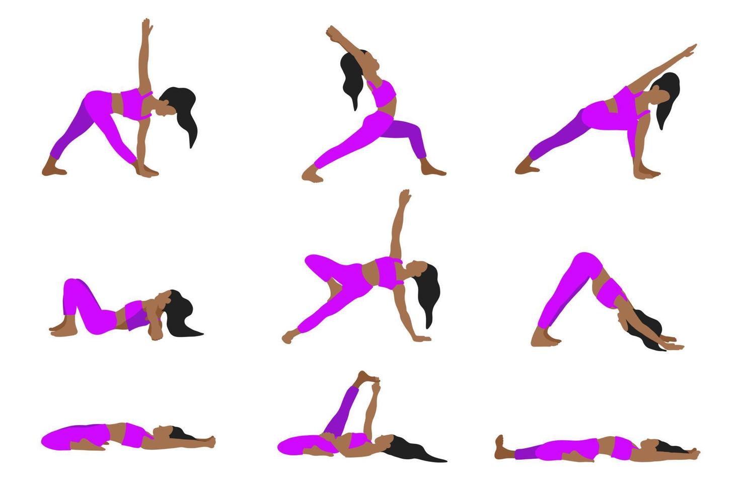 Flexibility yoga poses collection. African American longhair female, lady, woman, girl. Pilates, mental health, training, gym. Vector illustration in cartoon flat style isolated on white background.