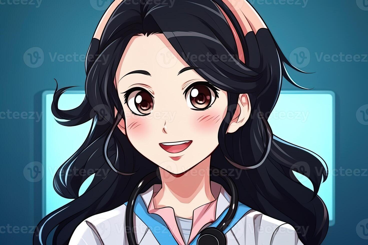 Portrait of a happy smiling cute black haired anime nurse. . photo