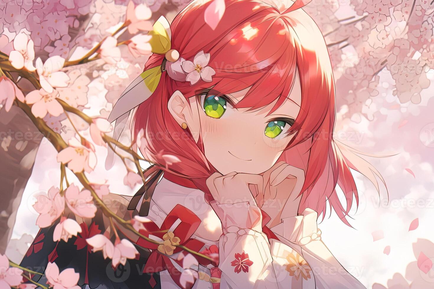 linda anime niña con rojo pelo y verde ojos debajo el floreciente sakura . generado ai. foto
