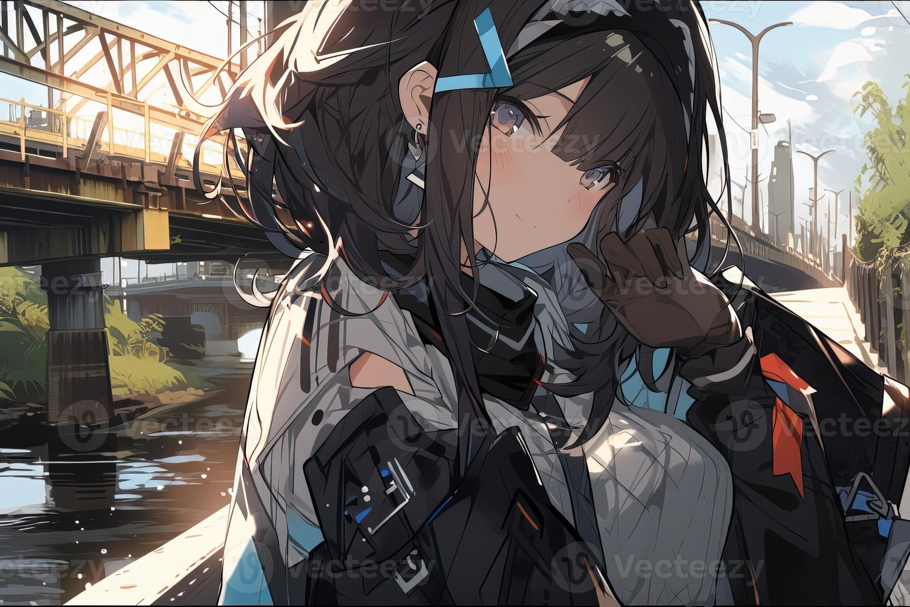 Cute anime girl with black hair and blue eyes on a railroad bridge  background at a summer day. Generated ai. 22310286 Stock Photo at Vecteezy