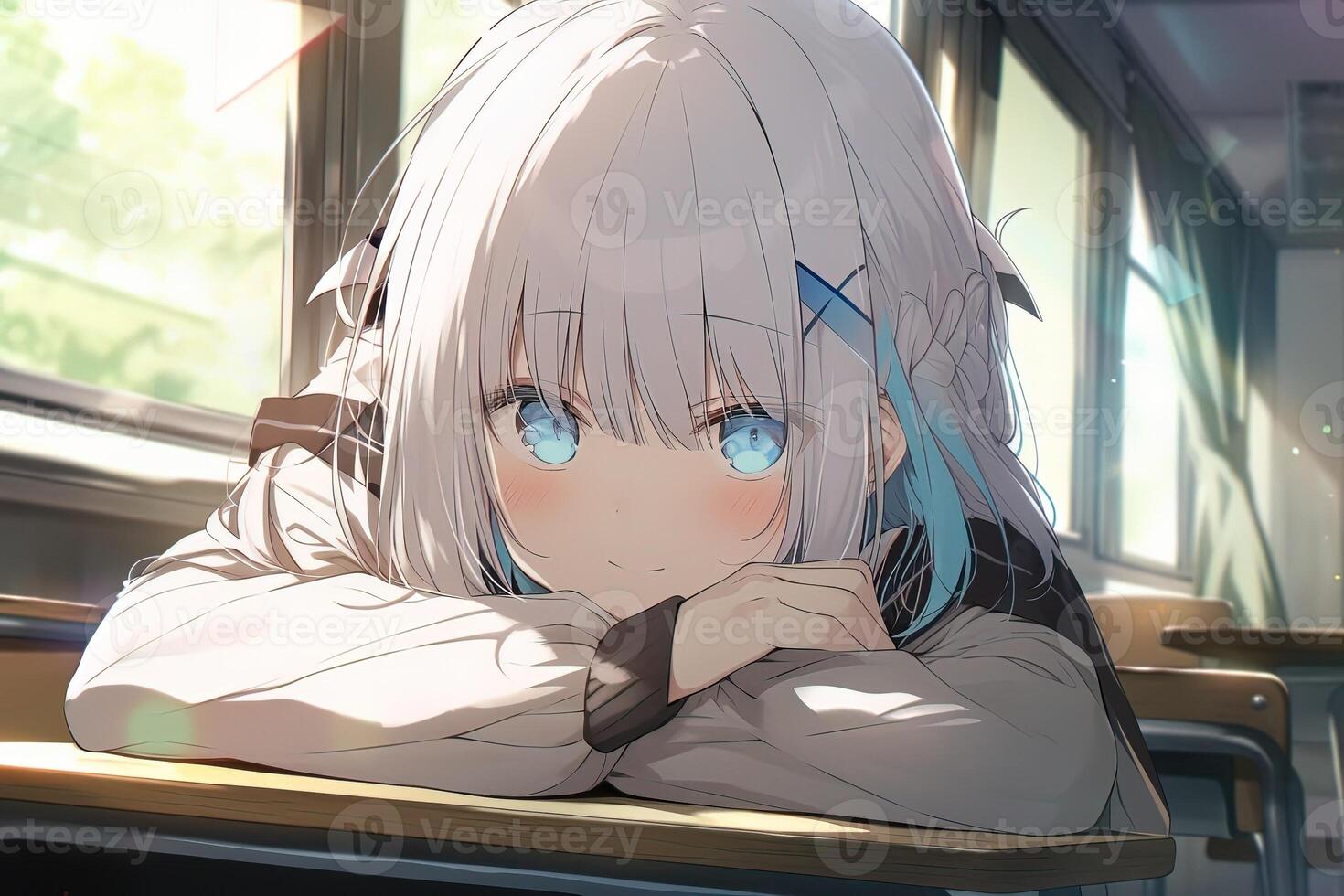 Cute anime girl with white hair and blue eyes sitting at the school desk with her head in her hands . . photo